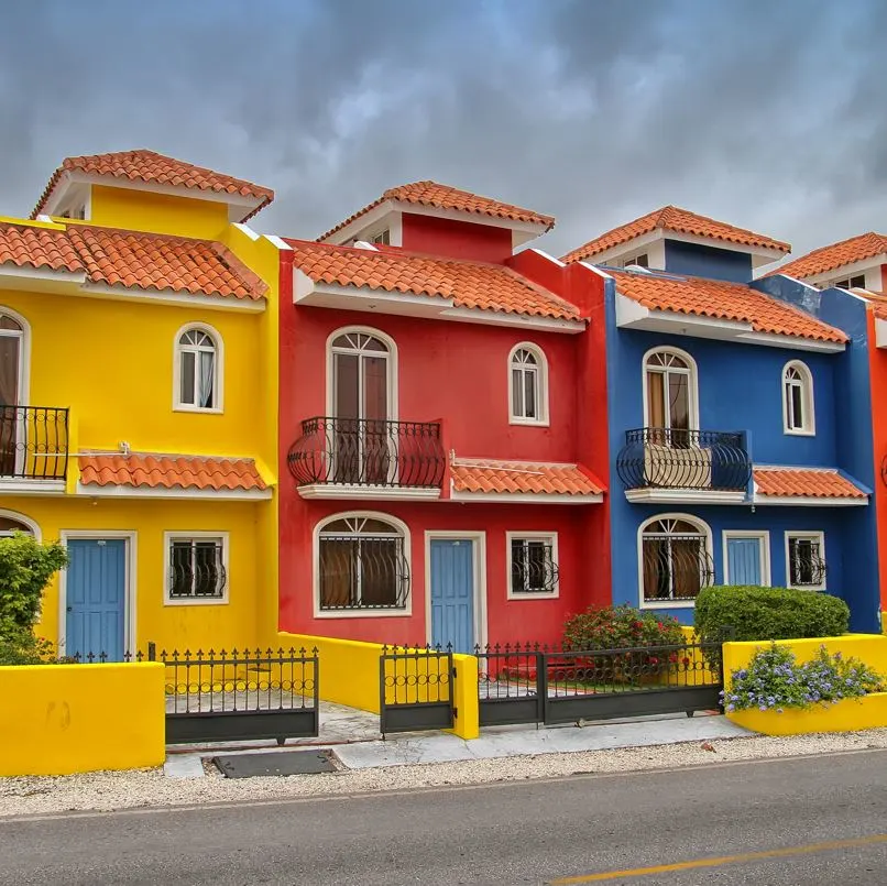 Beach houses in storm. 