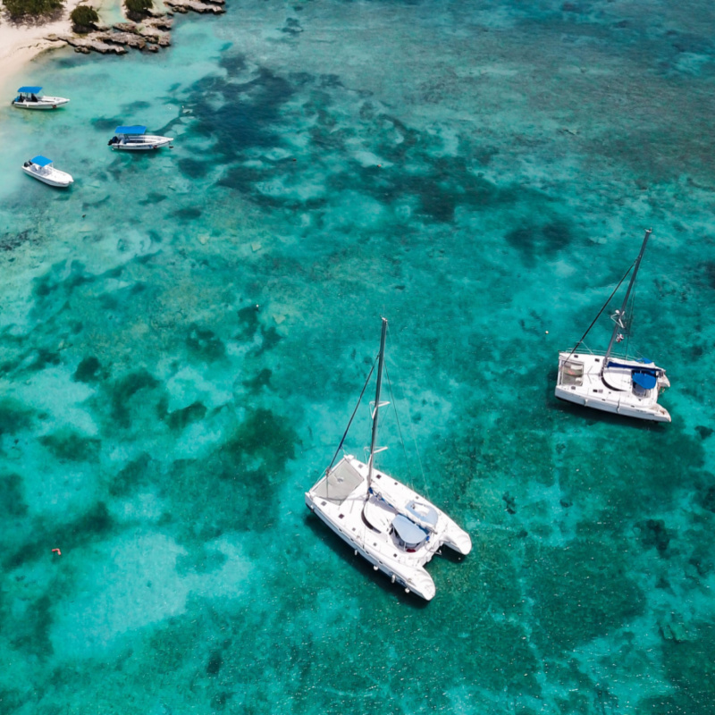Catamaran over the blue waters of the Dominican Republic