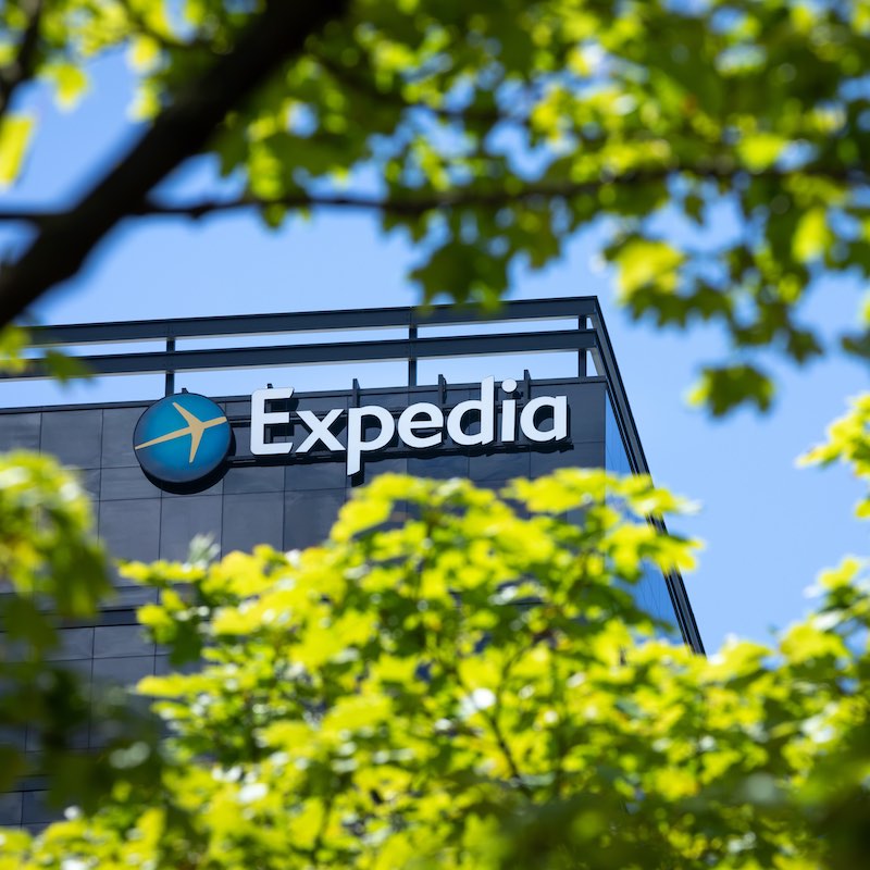 Expedia logo on the headquarters building
