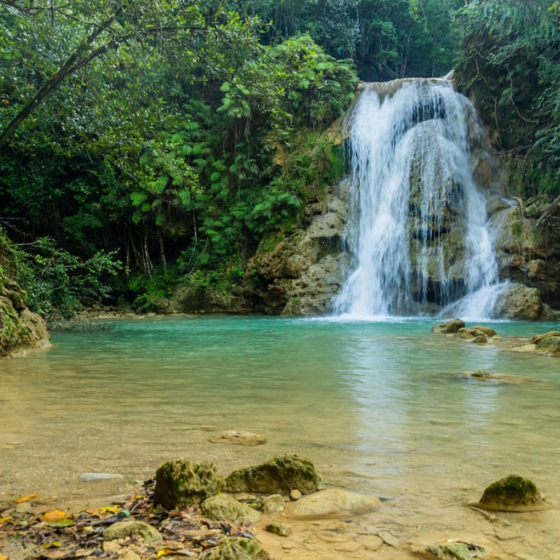 A waterfall in the dominican republic flows in the background with pool of water in foreground