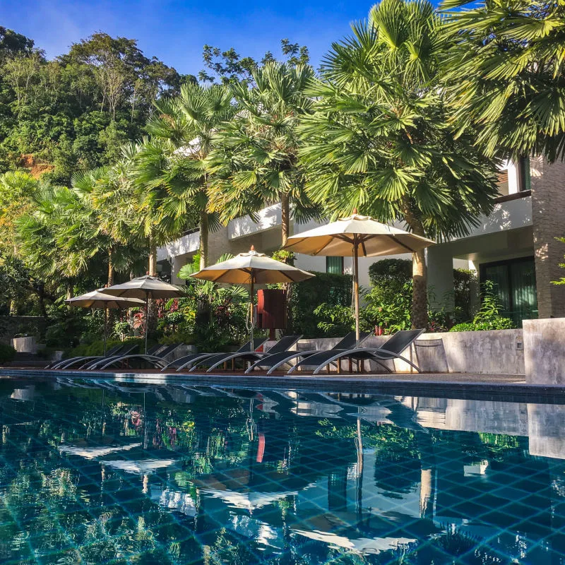 Lush poolside area with chairs and relaxing views