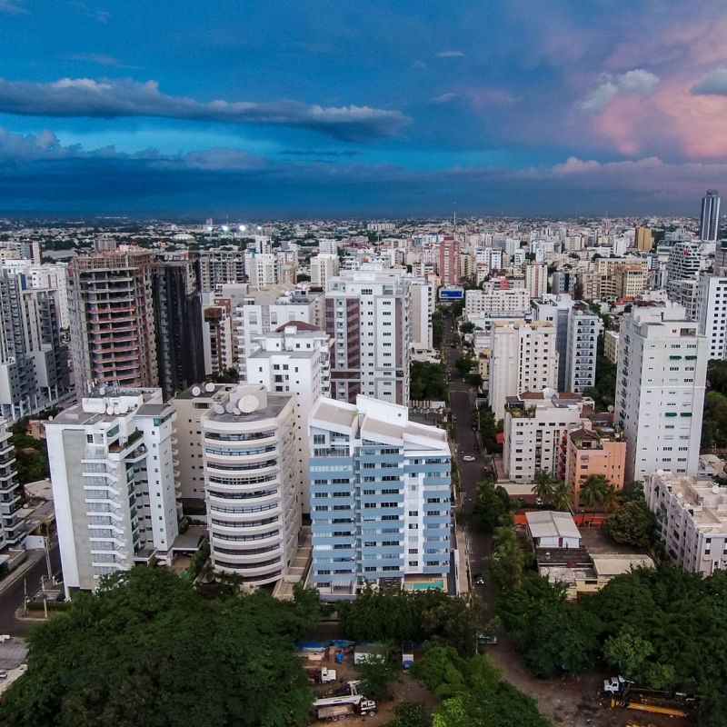 Aerial view of Santo Domingo's skyline with beautiful clouds
