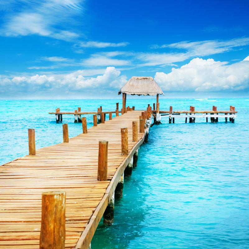 A wooden pier leading to the water in the tropics 