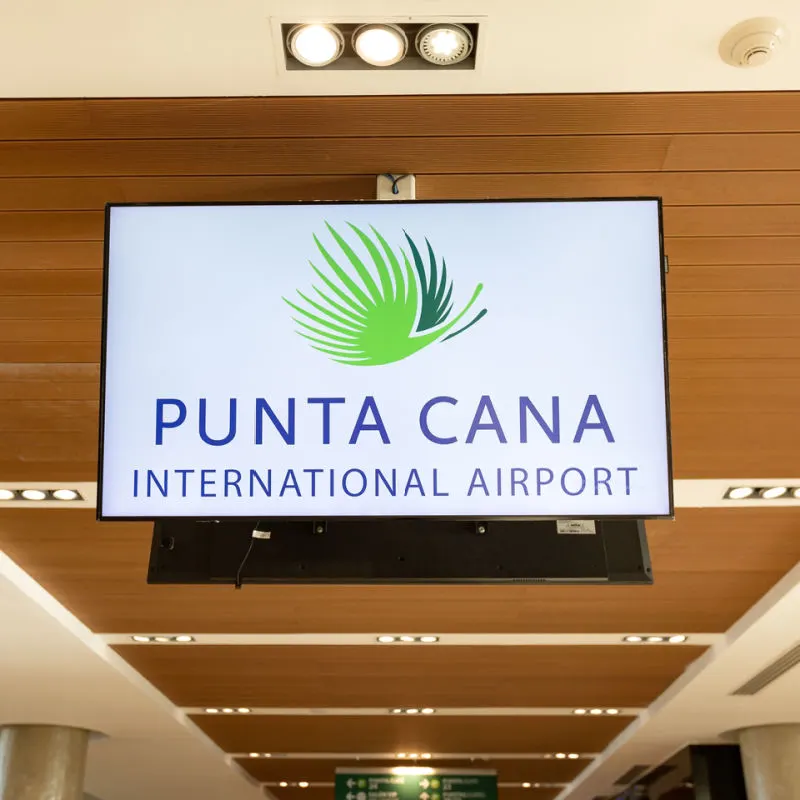 Punta Cana International Airport sign with wood ceiling 