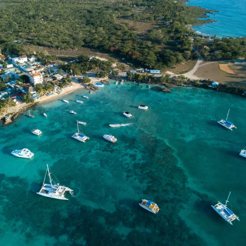 Aerial view of a bay in La Romana with small boats