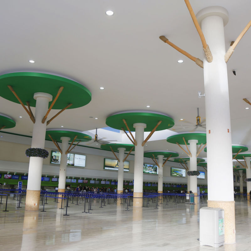 Inside Punta Cana International Airport with columns 