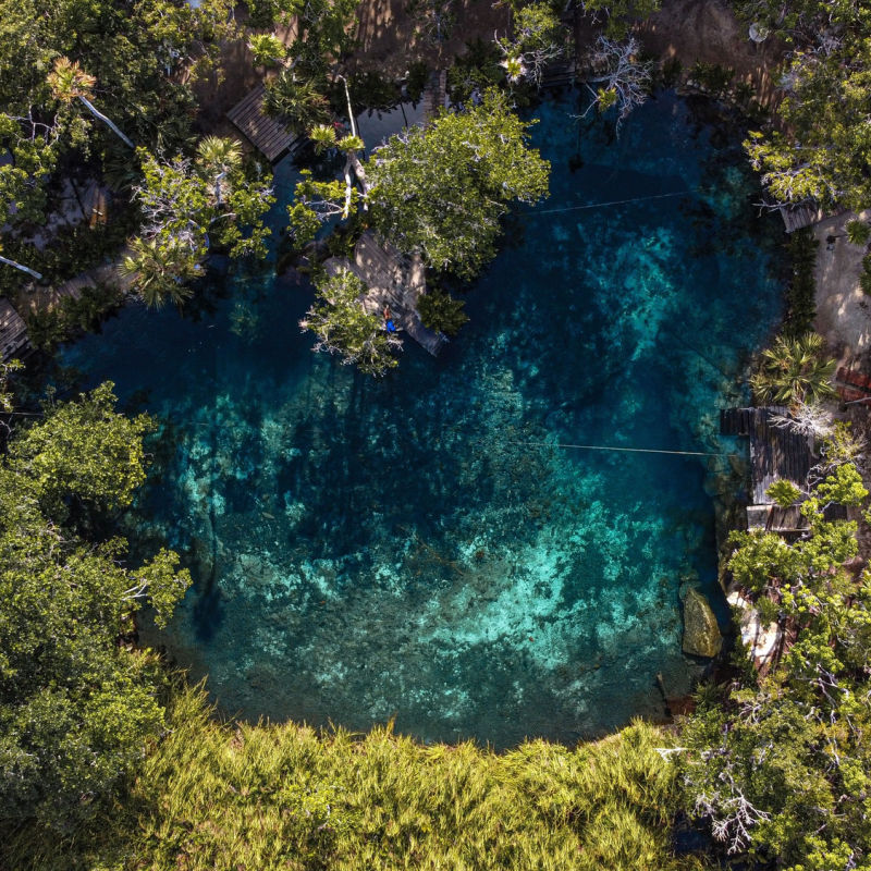 Bird's eye view of a cenote in the tropics 