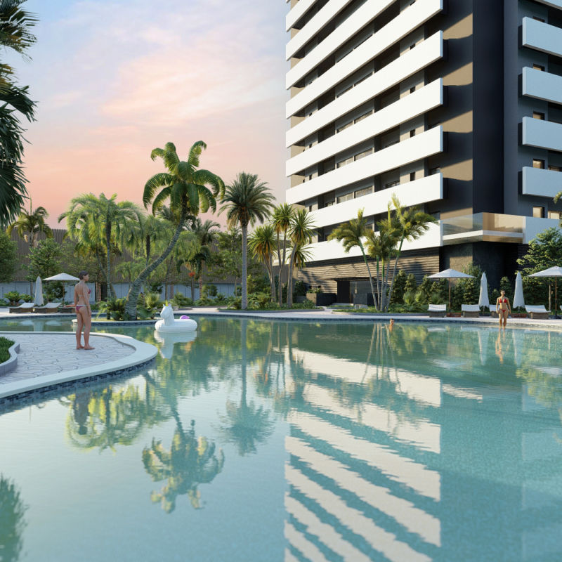 A pool and residential units in Larimar City & Resort 