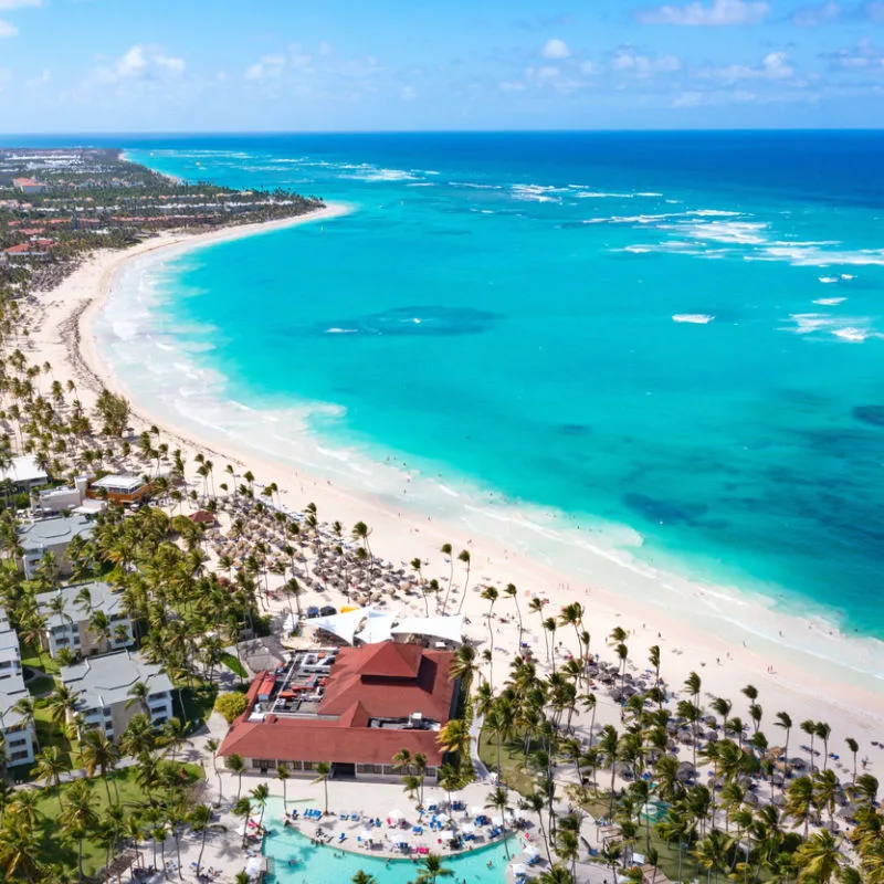 aerial view of punta Cana with a beach and trees