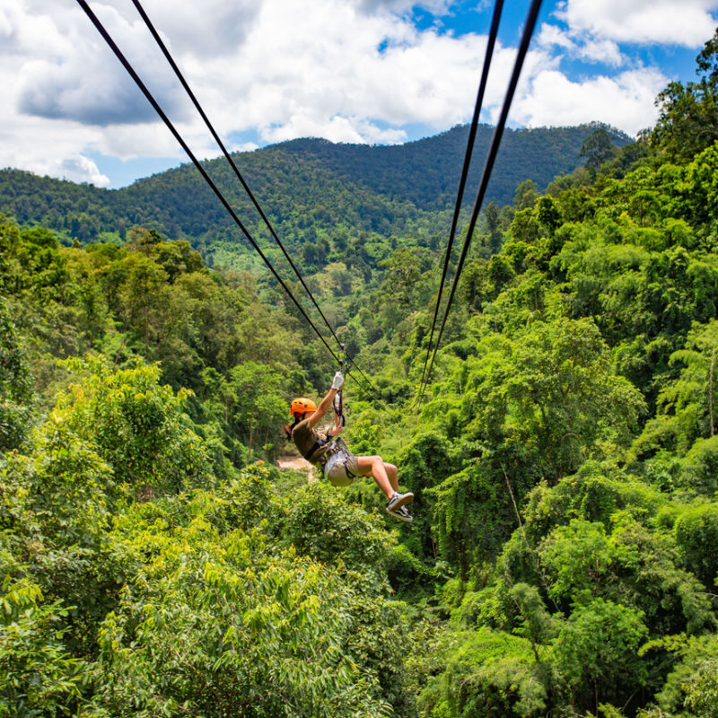 Zip-lining in the tropics amid a large rainforest