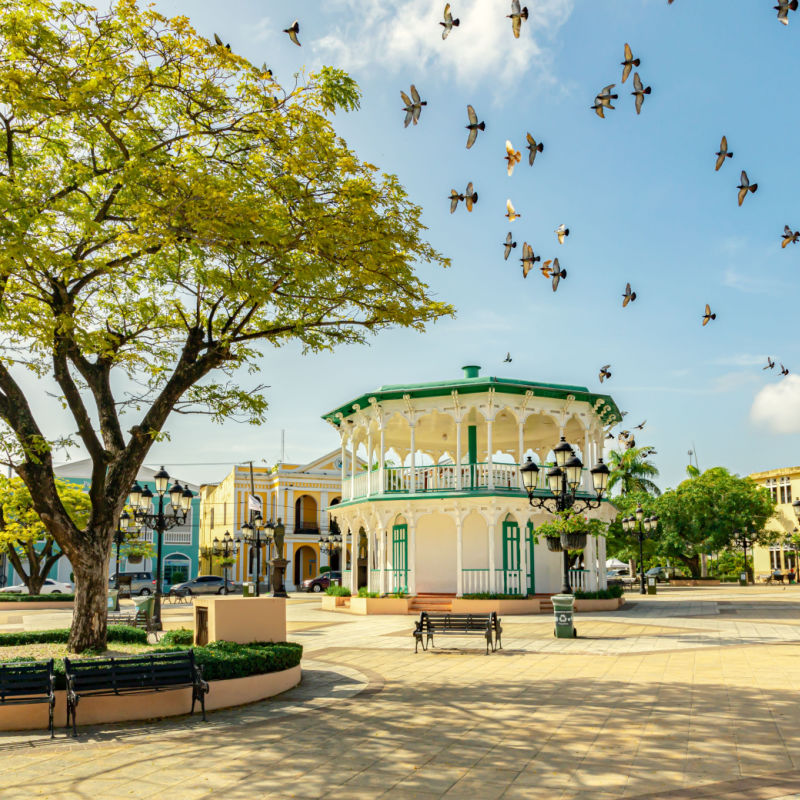 Birds flying in Independence Square in Puerto Plata, Dominican Republic