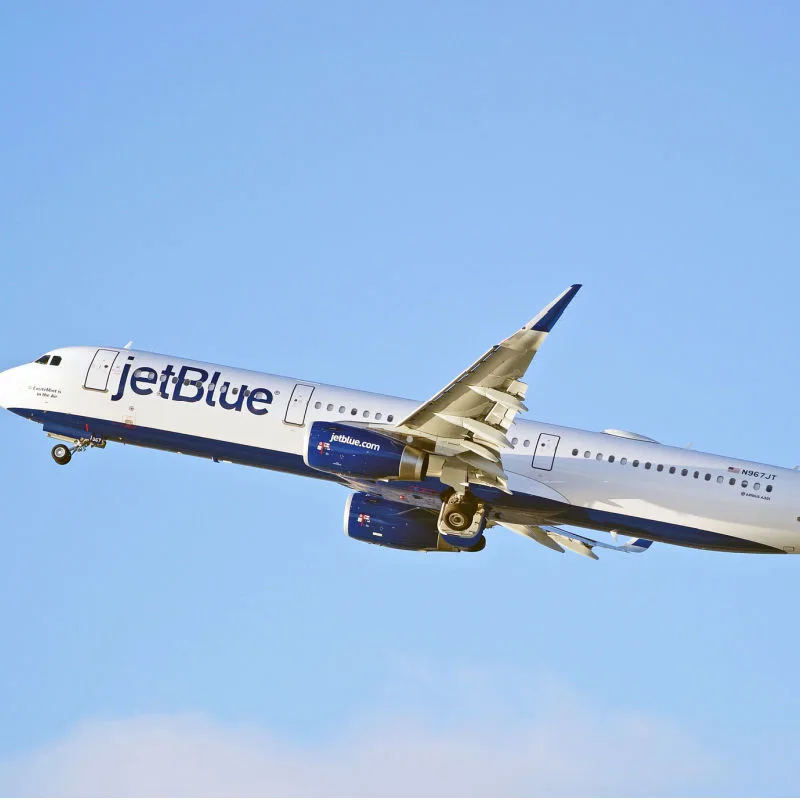 A JetBlue flight taking off from the United States