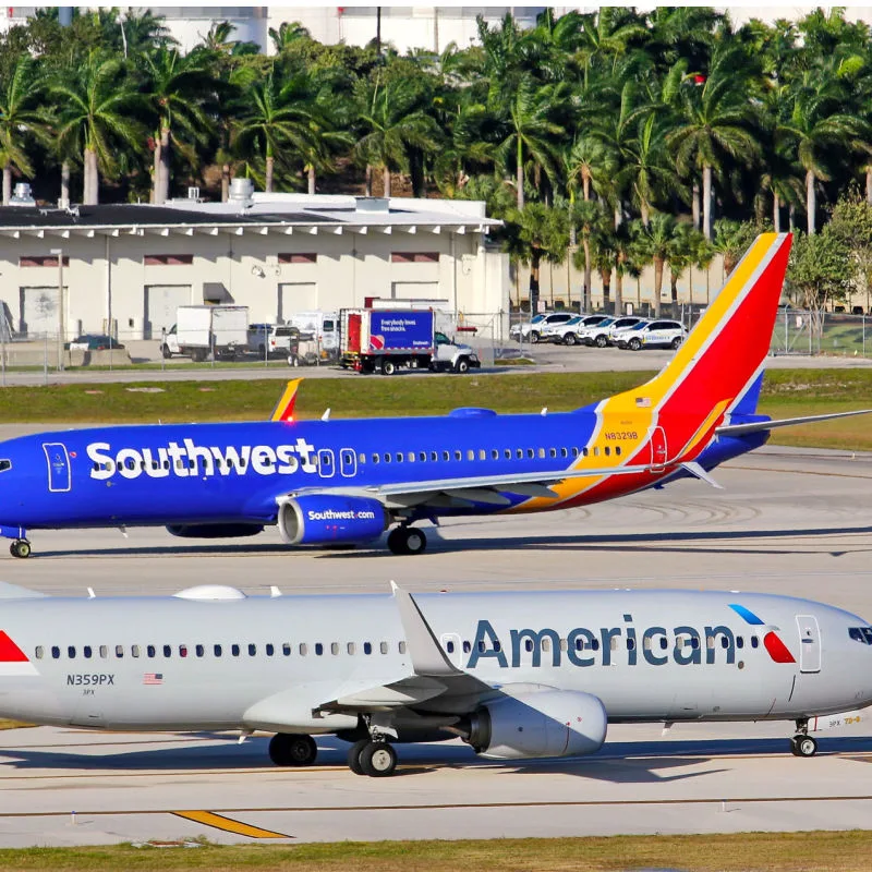 american airlines and southwest jets on the tarmac