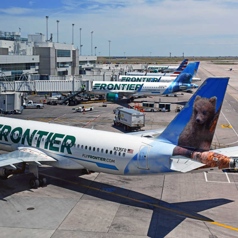 Frontier airplanes in an airport in the USA