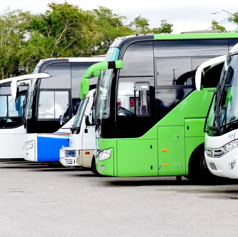 Airport transfer buses parked in a line