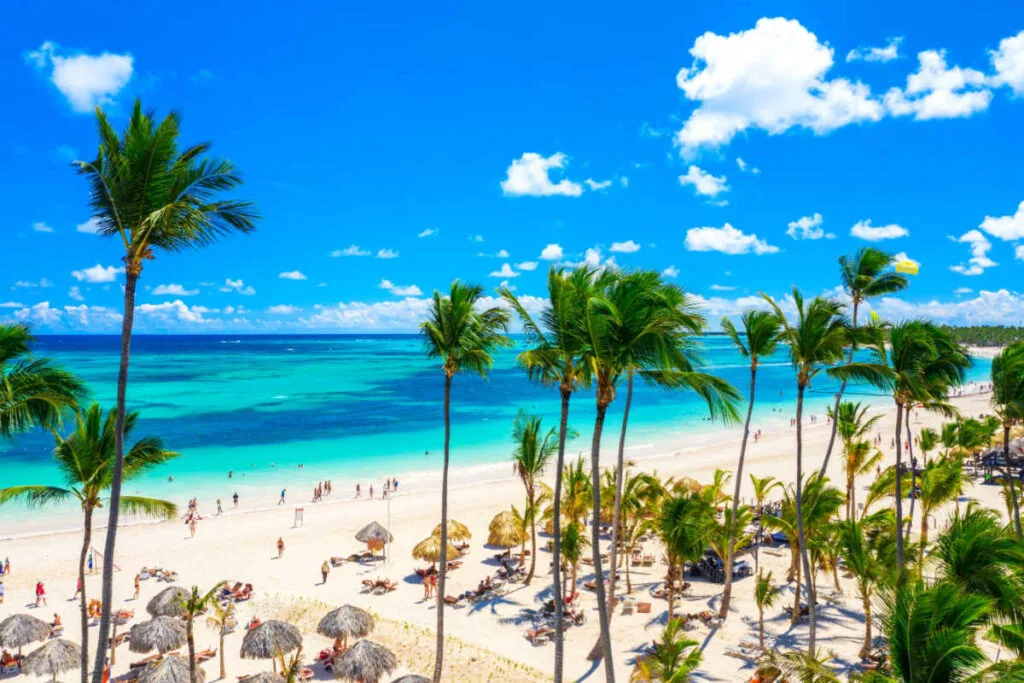 A white sand beach and palm trees in punta cana