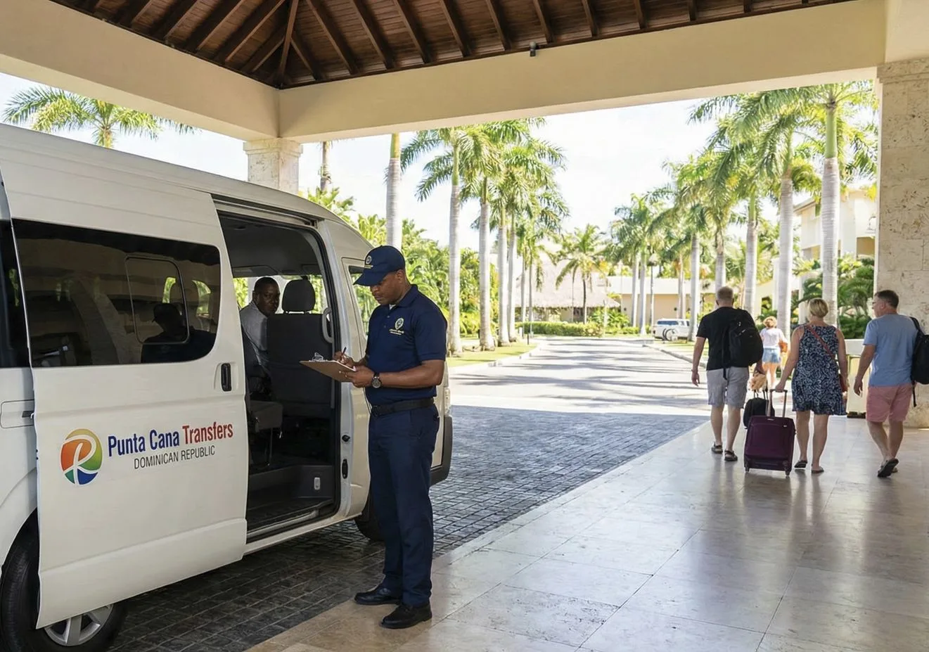 Security checks passengers and transport van arriving at Punta Cana resort lobby