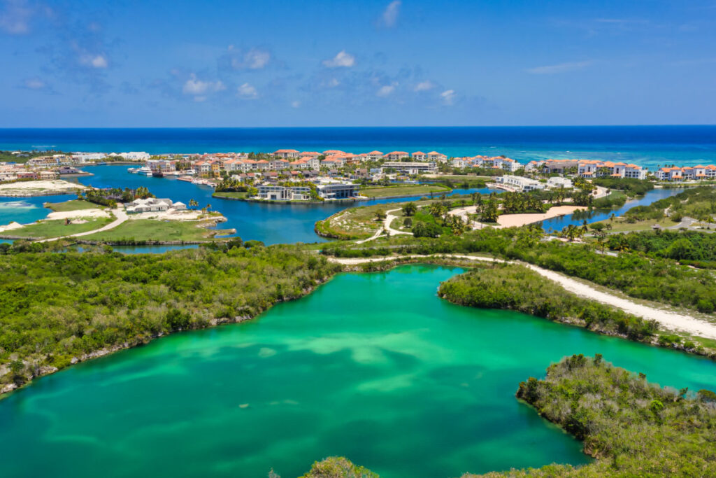 A landscape of a resort area in Cap Cana surrounded by the sea in the Dominican Republic
