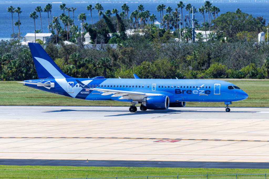 Breeze Airways Airbus A220-300 airplane at Tampa Airport in the United States