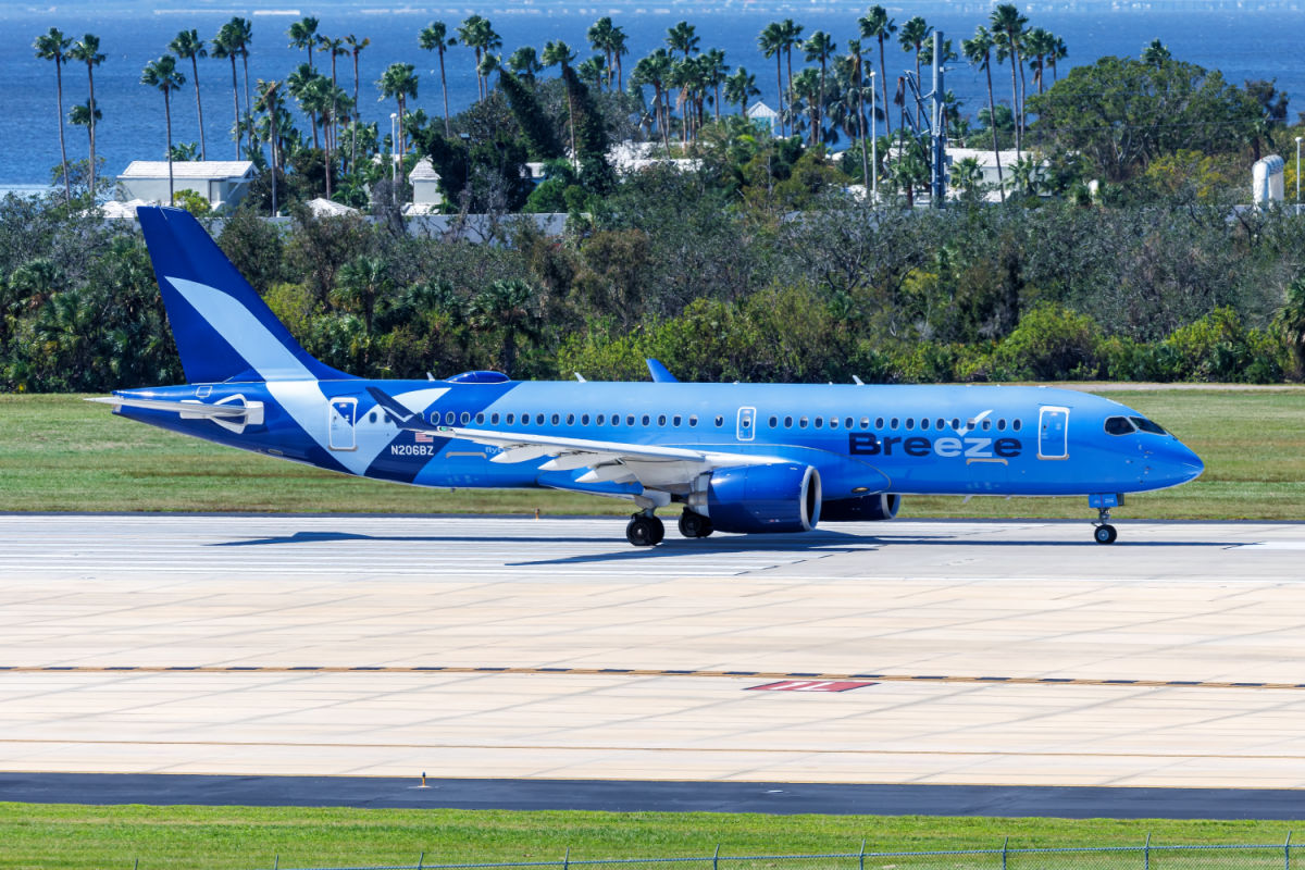 Breeze Airways Airbus A220-300 airplane at Tampa Airport in the United States